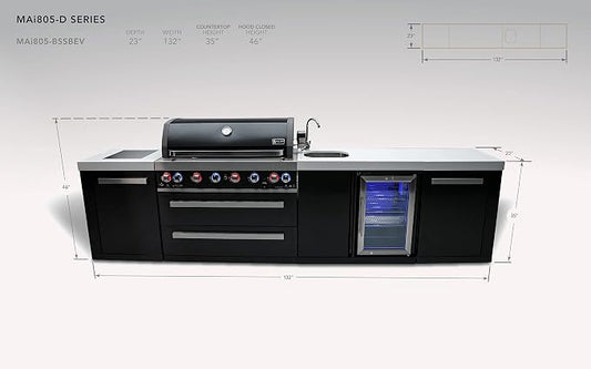 Mont Alpi 132"W x 23"D x 46"H Black Stainless Steel Outdoor Kitchen Island with Refrigerator + 32"W 4-Burner BBQ Grill + Faucet and Sink + Granite Countertops + Storage Cabinets + Rotisserie + Cover
