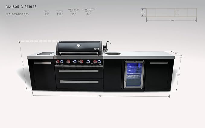 Mont Alpi Premium 132"W x 23"D x 46"H Black Stainless Steel Outdoor Kitchen Island with Fridge Faucet & Sink Combo + 44"W 6-Burner BBQ Grill + Granite Countertops + Storage + Rotisserie Kit + Cover