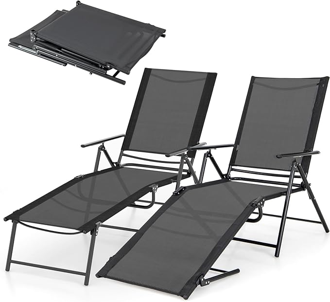 Giantex Lounge Chair Outdoor Set of 2 - Tanning Chair with 6 Adjustable Backrest, 2-Level Footrest, Folding Sunbathing Lounger for Patio, Poolside, Yard, Chaise Lounge Chair, Beach Chair (Black)