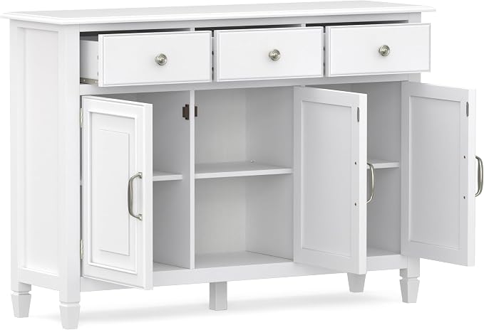 SIMPLIHOME Connaught 51" Wide Solid Wood Storage Cabinet in White | Traditional space-saving entryway or mudroom cabinet with 3 drawers and adjustable shelves for organized household storage.