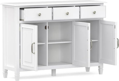 SIMPLIHOME Connaught 51" Wide Solid Wood Storage Cabinet in White | Traditional space-saving entryway or mudroom cabinet with 3 drawers and adjustable shelves for organized household storage.