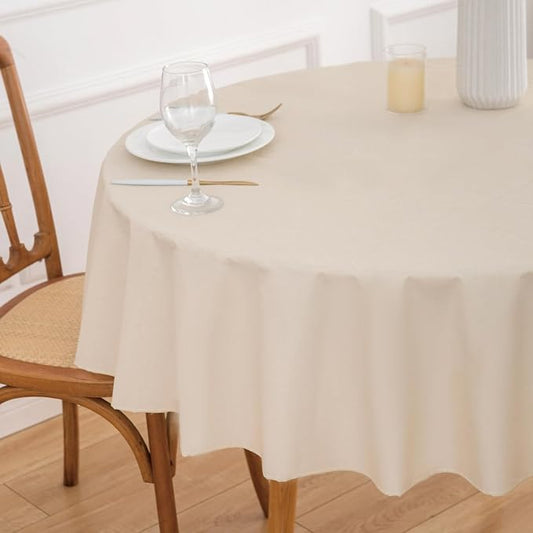 NLMUVW Beige Round Vinyl Tablecloth 60 Inch with Flannel Backing, 100% Waterproof PVC Table Cloth Wipe Clean Table Cover for Dining Party Camping Outdoor