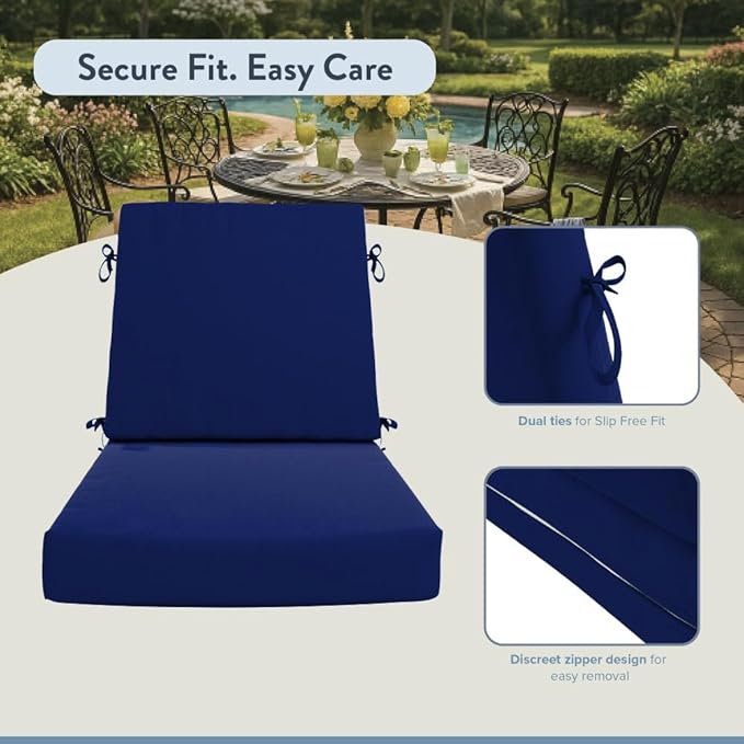 California Umbrella Outdoor Dining Chair, Set of 2 Patio Seat Cushions, 20 x 40 Inch, Premium Outdoor Memory Foam, Fade Resistant, Sunbrella Fabric, Fabric Ties, True Blue