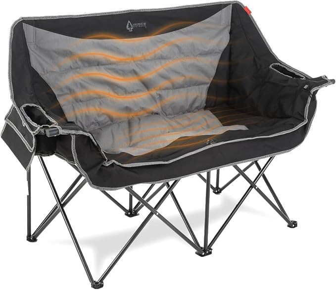 ARROWHEAD OUTDOOR Wide Duo Foldable Heated Camping Loveseat Chair, Black | 57 in, 3-Stage Heating, Large Cup Holders, Glass Holders, Side Pockets, and Storage Pouches, and Grey, Beach, Tailgating