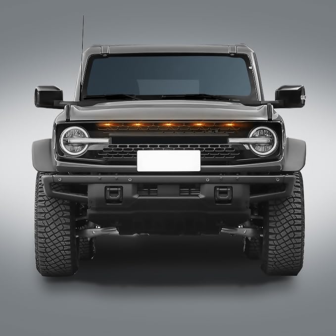 5 Pcs Grille Lights Compatible with 2021 2022 2023 2024 Ford Bronco Badlands, Wildtrak, Everglades 2/4-Door - LED Front Grille Lights Accessories with Fuse & Harness(Amber Light)