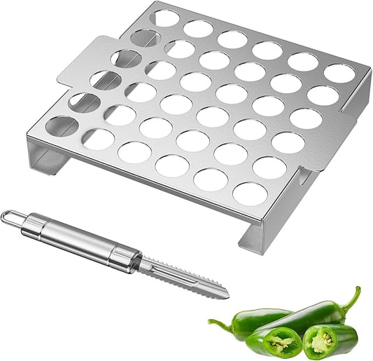 Skyflame Jalapeno Grill Rack with Handle and Chili Pepper Corer Tool - Large 36 Holes Capacity Stainless Steel Drumstick Chicken Legs Roaster for BBQ Smoker and Oven
