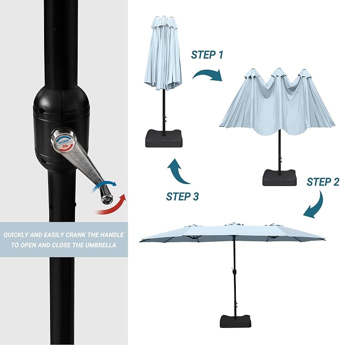 15ft Patio Umbrella with Base, 10-Year-No-Fade Large Outdoor Double-Sided Market Umbrella with UPF50+Terylene Polyester Fabric and Crank for Poolside Garden Deck Backyard Beach Pools