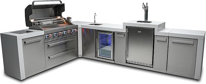 Mont Alpi Deluxe 94"W x 136"D Premium L-shaped Stainless Steel Outdoor Kitchen Island + Fridge Faucet & Sink + 3-tap Kegerator Beer Dispenser + 44"W 6-Burner BBQ Grill + Granite Countertops + Cover