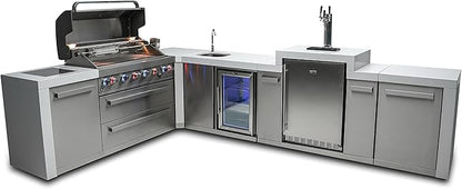 Mont Alpi Deluxe 94"W x 136"D Premium L-shaped Stainless Steel Outdoor Kitchen Island + Fridge Faucet & Sink + 3-tap Kegerator Beer Dispenser + 44"W 6-Burner BBQ Grill + Granite Countertops + Cover
