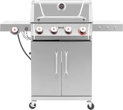 Feasto 4-Burner Propane Gas Grill w/Sear & Side Burner, Stainless Steel Construction w/Porcelain-Enameled Main Body, 49,500 BTU Outdoor BBQ Grill, 563 Sq. In. Cooking Area, Cabinet Storage, Silver