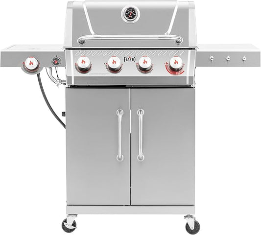 Feasto 4-Burner Propane Gas Grill w/Sear & Side Burner, Stainless Steel Construction w/Porcelain-Enameled Main Body, 49,500 BTU Outdoor BBQ Grill, 563 Sq. In. Cooking Area, Cabinet Storage, Silver