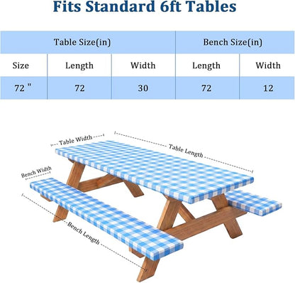 Poise3EHome Picnic Table Cover with Bench Covers, 6 Foot Fitted Elastic Tablecloth Set, Heavy Duty Polyester with TPU Waterproof Backing, Washable Outdoor Picnic Set for Camping, RV & Park(Blue&White)