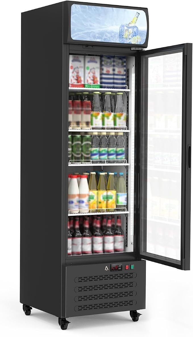 13.4 Cu.Ft Commercial Display Refrigerator,Glass Door Beverage Cooler with Adjustable Shelves,LED Lighting & Advertising Panel, Mobile Design