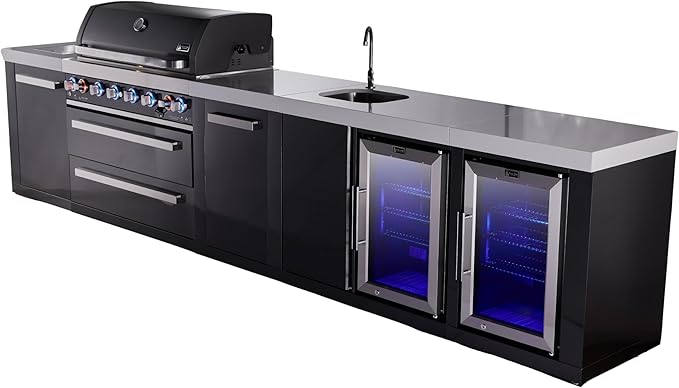 Mont Alpi Black Stainless Steel Premium 157"W Modular Outdoor Kitchen Island with 2 Refrigerators + Beverage Center Faucet & Sink + 44"W 6-Burner BBQ Grill + Side Burner + Storage Cabinets & Drawers