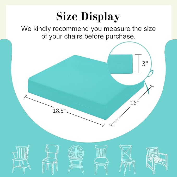 Cozyide Outdoor Chair Cushions, Waterproof Patio Seat Cushions with Adjustable Straps, Square Corner Patio Chair Cushions for Garden, Teal, 18.5x16x3 Inch (Pack of 4)
