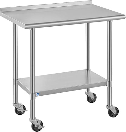 ROCKPOINT All Stainless Steel Prep Table with Caster & Backsplash 24x36 Inch，Commercial Heavy Duty Workbench with Stainless Legs & Adjustable Undershelf,750 lb Capacity for Outdoor Kitchens with Wheel