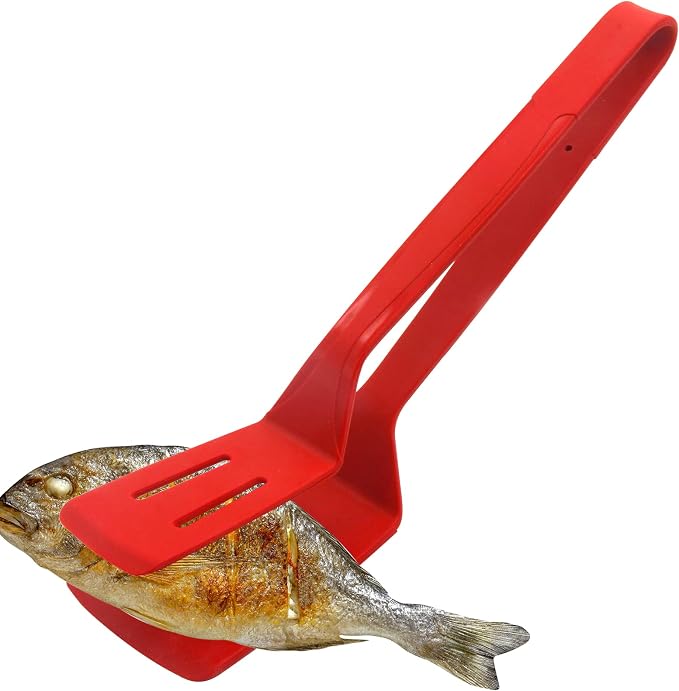 Silicone Cooking Tongs 11" Stainless Steel, BBQ Clamp Spatula for Grilling | 11-inch silicone tongs, stainless steel BBQ spatula clamp for bread, steak, fish, salad, red, heat-resistant