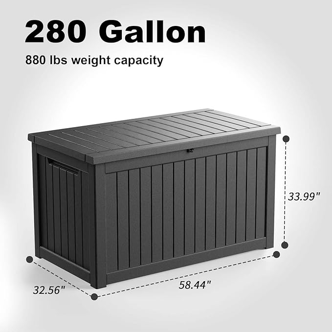 PatioZen 280 Gallon Deck Box Outdoor Storage Box, Waterproof and UV Resistant, Lockable&Resin for Patio Cushions Storage Furniture, Garden Tools, Pool Supplies(Black, 280 Gallon)