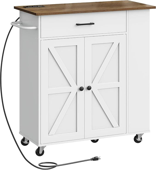 CHOEZON Kitchen Island Cart with Storage, Bar Cart with Charging Station, Kitchen Island on Wheels, Rolling Mobile Table with Cabinet, 3 AC Outlets, White and Walnut MZD04UWL