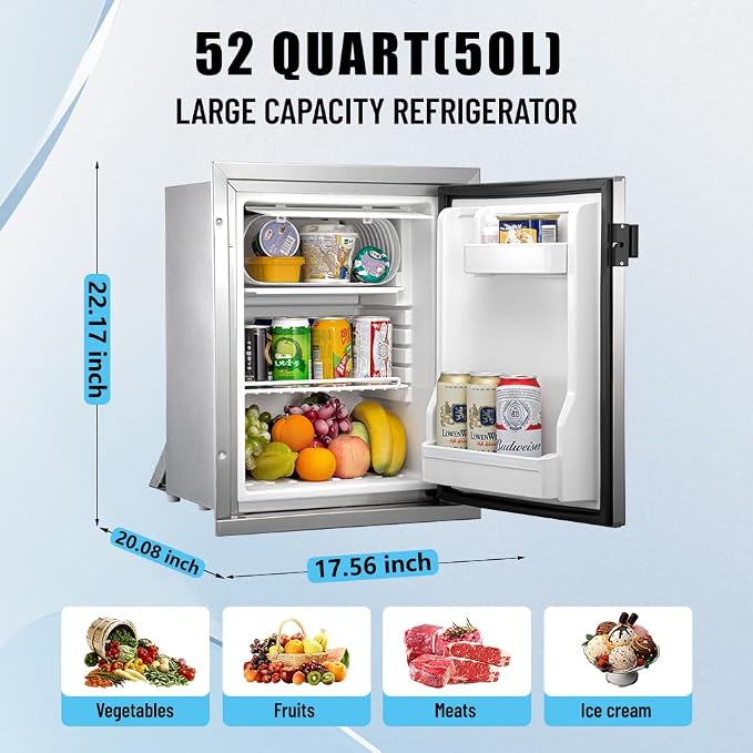 12 Volt Refrigerator RV Refrigerator Built-in Fridge Compressor Refrigerator Mini Fridge with Freezer for Apartment Office Boat Yacht RV Caravan (Silver Stainless Steels, 50L)