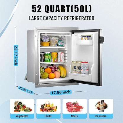 12 Volt Refrigerator RV Refrigerator Built-in Fridge Compressor Refrigerator Mini Fridge with Freezer for Apartment Office Boat Yacht RV Caravan (Silver Stainless Steels, 50L)