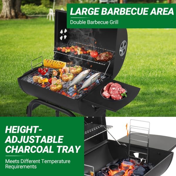 Black Charcoal Grill With Side Table, Mobile BBQ Grill With Wheels, Outdoor Charcoal Barbecue Grill with Wheels for Garden, Camping,Outdoor Grilling Station, Barbecue With Side Table (33INCH)