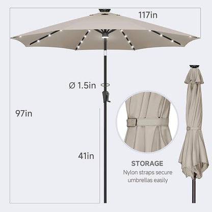FLAME&SHADE Solar Patio Umbrella with Centre Light, 10 FT Taupe | UV Protection, Small Solar Outdoor Umbrella for Porch, Deck, Backyard, Garden, Provides Evening Lighting, 40 LED Lights