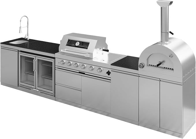 150-Inch Stainless Steel Outdoor Kitchen Island,Natural Gas BBQ Grill with Pizza Oven,Rotisserie,Double Door Refrigerator,Granite Countertop,Storage Cabinets & Drawers 108,000 BTU.