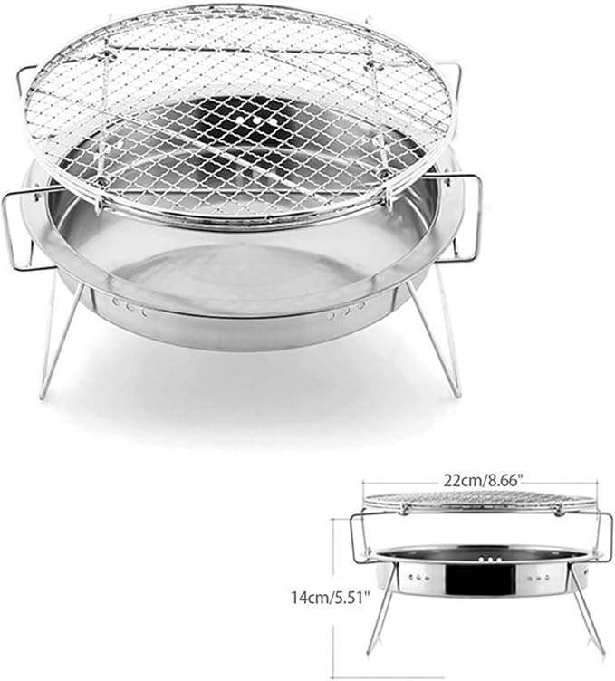 Barbecue Charcoal Grill Portable Folding Grill Stainless Steel Barbecue Grill Round Charcoal Grill Outdoor Camping Charcoal Bbq Grill, 22*14cm, Silver