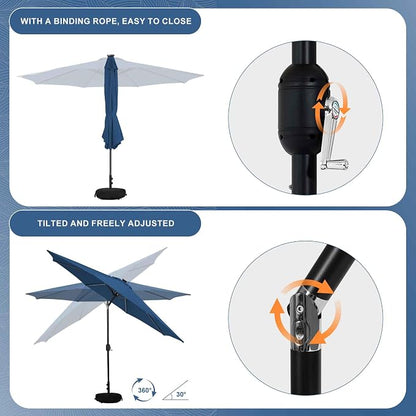 Sundale Outdoor 88 LED 10 FT Solar Patio Umbrella with Base, Navy | Sand Bag Umbrella Base, Tilt, Crank, Solar Lights