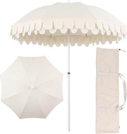 JONATHAN Y Horizon 6.5 ft. Scalloped Fringe Beach Umbrella, Cream | UV 50 Sun Protection, Push Button Tilt, Matching Carry Bag, White Iron Pole, Wind Vent, 8 Fiberglass Ribs, Pointed End