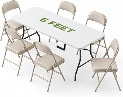 Folding Dining Table Set for 6, 6FT Foldable Plastic Table with Carrying Handle & 6 PU Leather Padded Folding Chairs, Portable Table and Chairs Set for Indoor Outdoor, Party, Wedding, Picnic, Camping