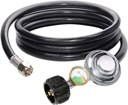 6 Feet Propane Regulator Hose with Propane Tank Gauge Universal Grill Regulator Replacement Parts, QCC1 Hose and Regulator for Most LP Gas Grill, Heater and Fire Pit Table, 3/8" Female Flare Nut
