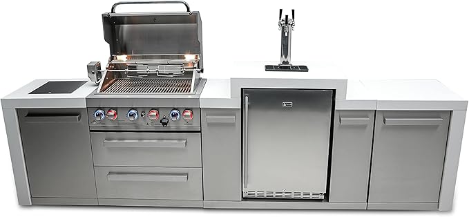 Mont Alpi 130"W Stainless Steel Deluxe Modular Outdoor Kitchen Island with Side Burner + 3 Tap Kegerator Refrigerator + 32"W 4-Burner BBQ Gas Grill + Granite Countertops + Storage Cabinets & Drawers