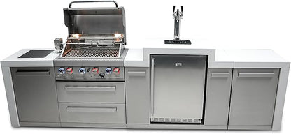 Mont Alpi 130"W Stainless Steel Deluxe Modular Outdoor Kitchen Island with Side Burner + 3 Tap Kegerator Refrigerator + 32"W 4-Burner BBQ Gas Grill + Granite Countertops + Storage Cabinets & Drawers