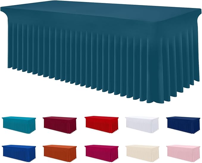 Smiry Spandex Elastic Fitted Table Cloth Skirt for 8FT Rectangle Table | Stretch Washable Table Cloth, Banquet Table Cover for Wedding, Party, Indoor & Trade Shows, (Peacock Blue, 96Lx30Wx30H)