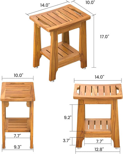 NNN 14" Compact Teak Shower Stool with Japan-Made Non-Slip Leveling Feet | US Patented Design, Marine-Grade Hardware, Pre-Oiled European Teak Oil, Ready, 300lb, for Small Baths Tubs & Outdoor Pools