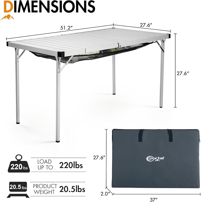 Portal Camping Table with Expandable Tabletop 37" to 51.2", Aluminum Folding Table for 2-6 People, Portable Lightweight Camp Table with Storage Mesh & Carry Bag for Camping, Picnic, Tailgating