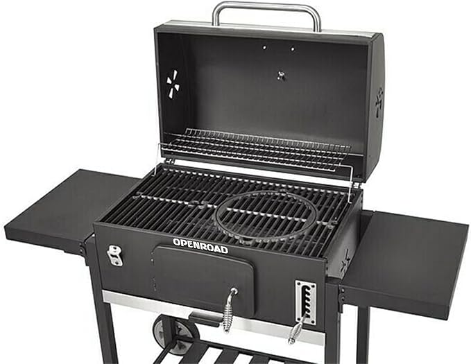 OPENROAD Charcoal Grill with Two Side Tables – Large, Heavy-Duty BBQ Smoker for Outdoor Picnics, Backyards, Patios, and Parties, Black