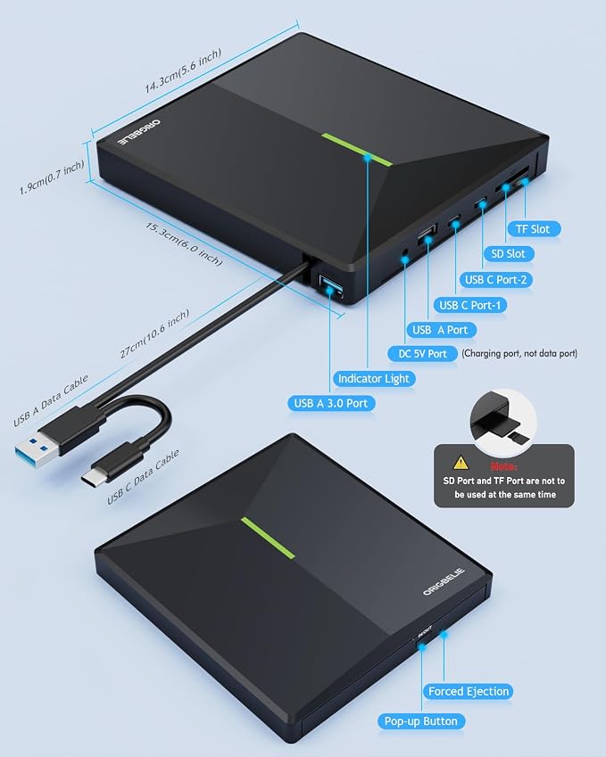 ORIGBELIE External CD DVD Drive with 4 USB Ports and 2 TF/SD Card Slots, USB 3.0 Portable CD/DVD Disk Drive Player Burner Reader Writer for Laptop MacBook Desktop PC Windows 11/10/8/7 Linux Mac OS