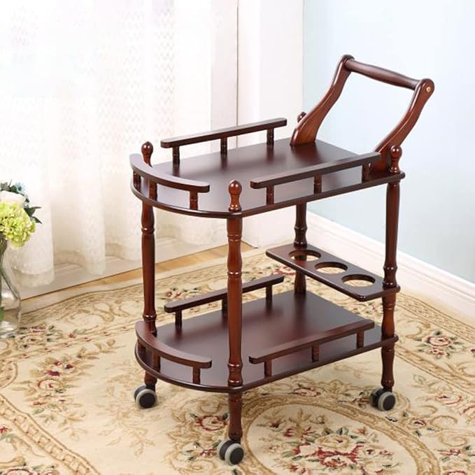 Entertainment Kitchen Cart, Midcentury Modern Imported rubberwood Brown Finished Wood 2-Tier Mobile Bar Cart Serving Cart