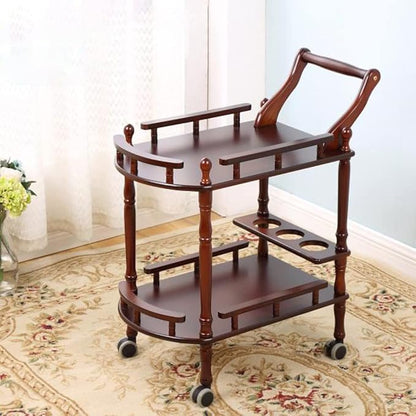 Entertainment Kitchen Cart, Midcentury Modern Imported rubberwood Brown Finished Wood 2-Tier Mobile Bar Cart Serving Cart