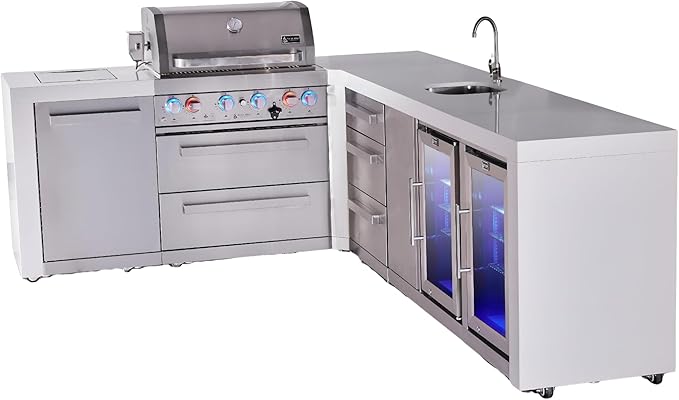 Mont Alpi Premium 82"W x 113"D x 46"H Deluxe L-shaped Modular Stainless Steel Outdoor Kitchen Island with 2 Refrigerators + 32"W 4-Burner BBQ Gas Grill + Faucet & Sink + Storage + Granite Countertops