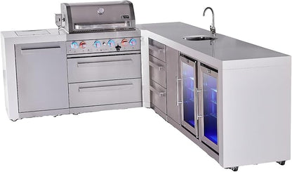 Mont Alpi Premium 82"W x 113"D x 46"H Deluxe L-shaped Modular Stainless Steel Outdoor Kitchen Island with 2 Refrigerators + 32"W 4-Burner BBQ Gas Grill + Faucet & Sink + Storage + Granite Countertops