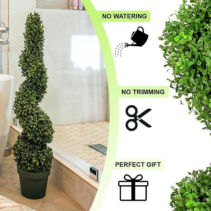 Admired By Nature 36" Artificial Boxwood Spiral Topiary Tree in Plastic Plant Pot - For Home Decor, Indoor, Outdoor, Crafts, Offices - Set of 2, Green
