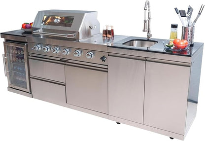 4 Burner Outdoor Kitchen Island with Grill and Side Burner, 72000 BTU Deluxe Stainless Steel Modular Outdoor Kitchen, Gas Propane BBQ Island with Refrigerator, 2 Doors Sink, Rotisserie, 104"W, Silver