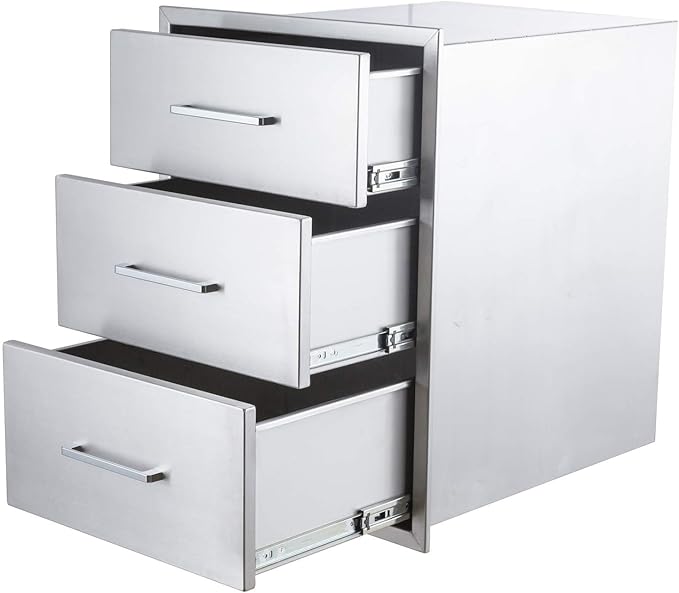 GarveeTech Outdoor Kitchen Drawers, 17x24 in Stainless Steel BBQ Drawer, Flush Mount Built-in 3-Drawer for Outdoor Kitchen Island & BBQ Islands, Silent, Fully Assembled, 17 in W x 18 in D x 24 in H