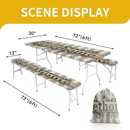 Picnic Table Cover with Bench Covers, 72 X 30 Inch Elastic Fitted Camping Tablecloth with Strap Design for 6FT Rectangle Tables, Windproof Outdoor Tablecloth Set with Storage Bag