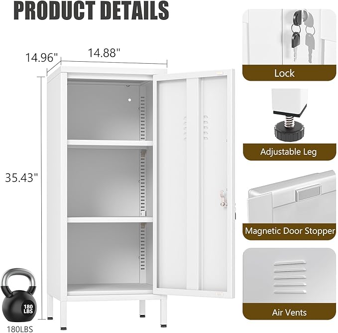 Metal Locker Cabinet, 35.4" H Home Office Storage Lockers, Vertical Steel Storage Cabinet with Locking Door and 2 Adjustable Shelves, Garage Tool File Cabinets for Home Office,Garage,Bathroom,White