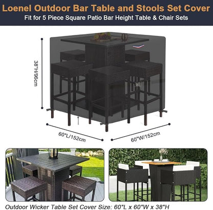 Outdoor Waterproof Wicker Table Bar Set Cover, 60"L x 60"W x 38"H | for 5 Piece Square Patio Bar Height Table & Chair Sets, Outdoor Bar Tables and Stools Sets Covers with Handle, Drawstring